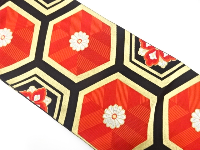 アンティーク　亀甲に花模様織り出し袋帯（着用可）